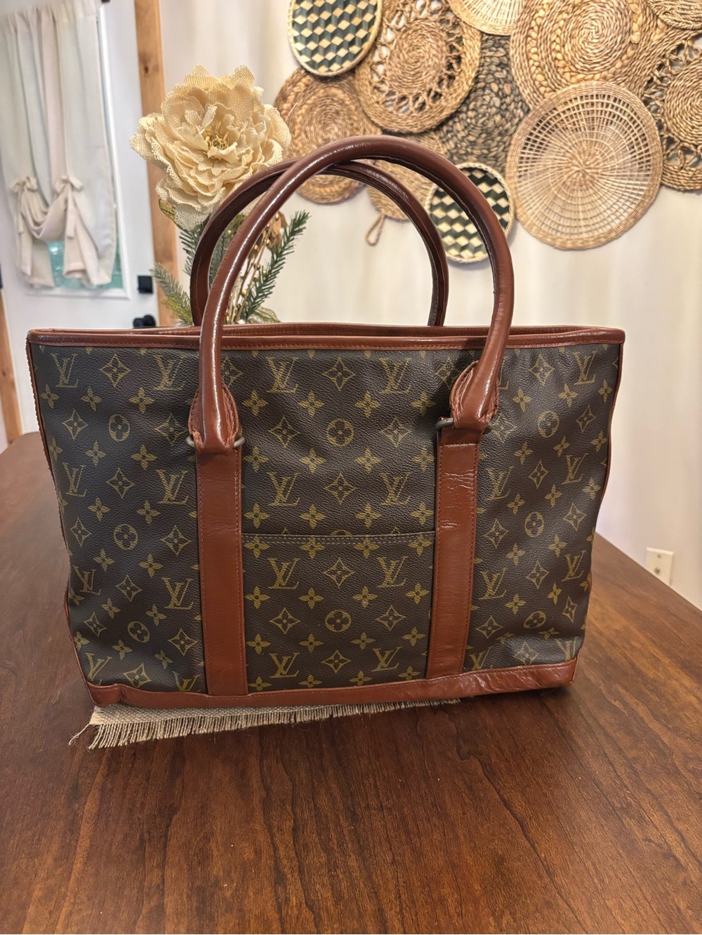 Louis Vuitton Sac Weekend medium Brown Monogram Canvas Tote with Tan Trim